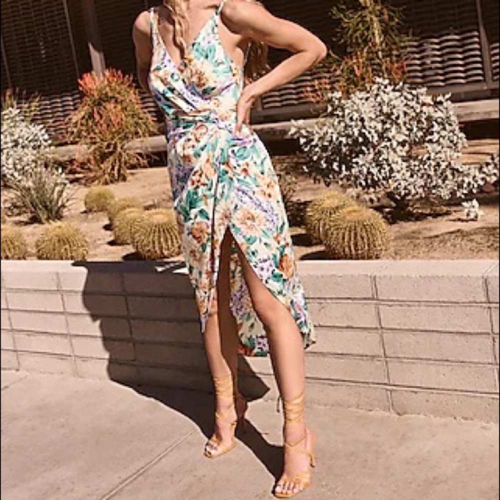 EXPRESS Floral Satin Twist Waist Hi-Lo Midi Dress
